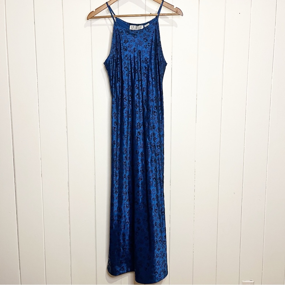 Vintage LA Belle Fashion Inc. Blue Floral Spaghetti Strap Maxi Dress.